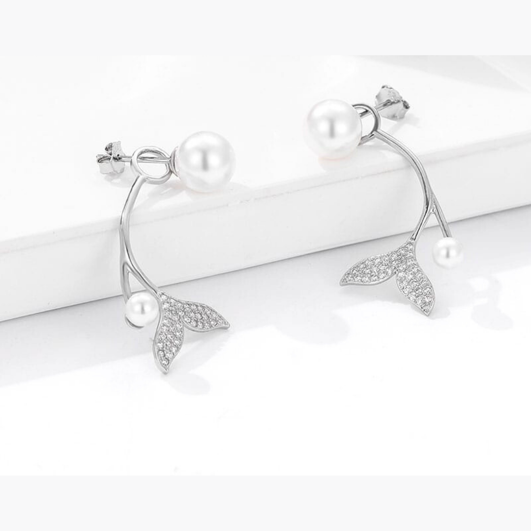 Leaf Pearl Earrings with diamonds, featuring a secure stud or hook fastening, crafted from 925 Sterling Silver with rhodium e-coat and gold plating.