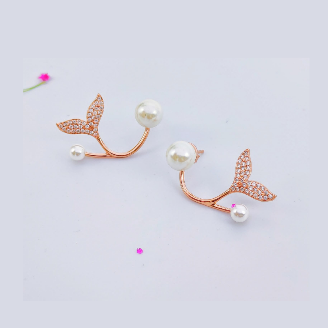 Leaf Pearl Earrings with diamonds on gold plating, featuring pearls and secure stud or hook fastenings, embodying organic elegance in 925 Sterling Silver with Rhodium e-coat.