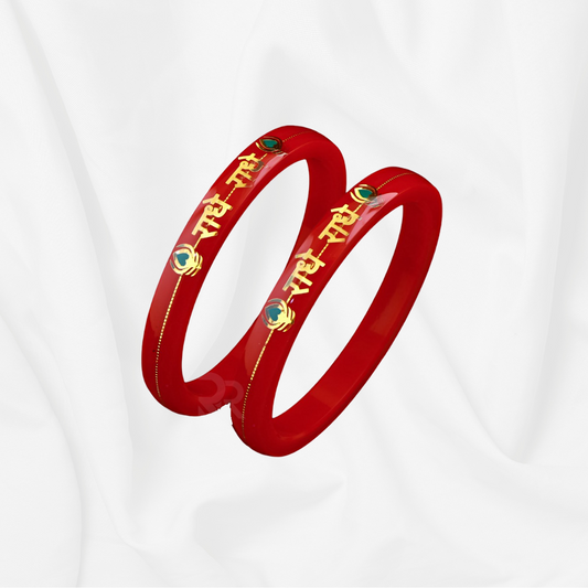 Radhe Radhe Customized 22kt Gold Bangles featuring red base and gold writing, handcrafted and laminated for durability, sold in a set of two.