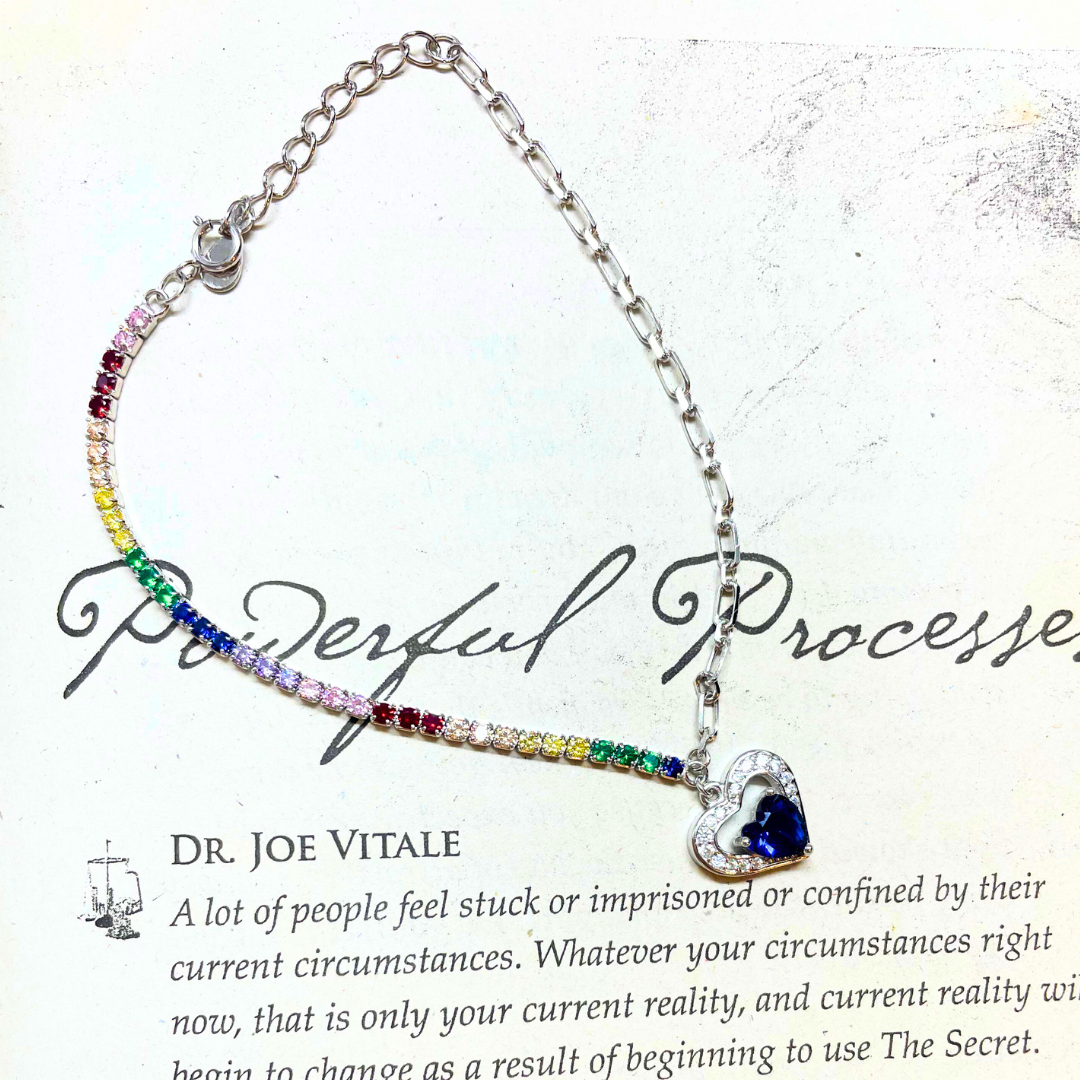 A Heart of Ocean bracelet with a blue gemstone centerpiece on a silver chain inspired by the Titanic necklace.